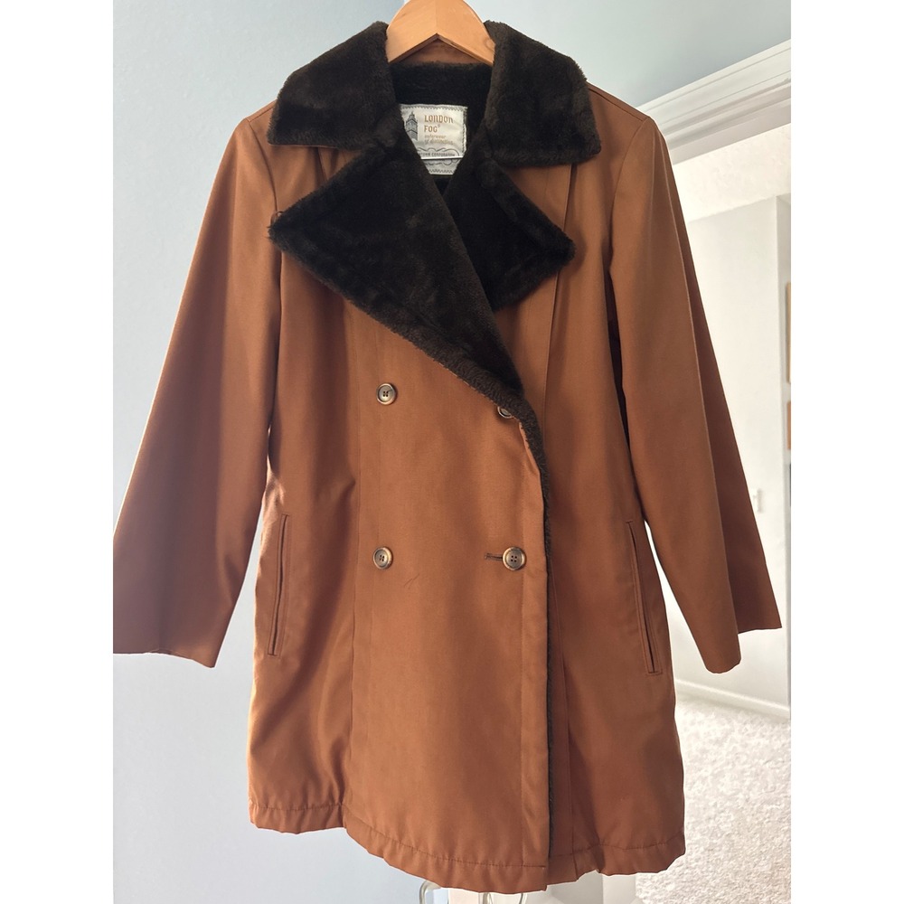 Vintage London Fog Faux Fur Trim Double Breasted Coat Rust Brown Size 12 Reg